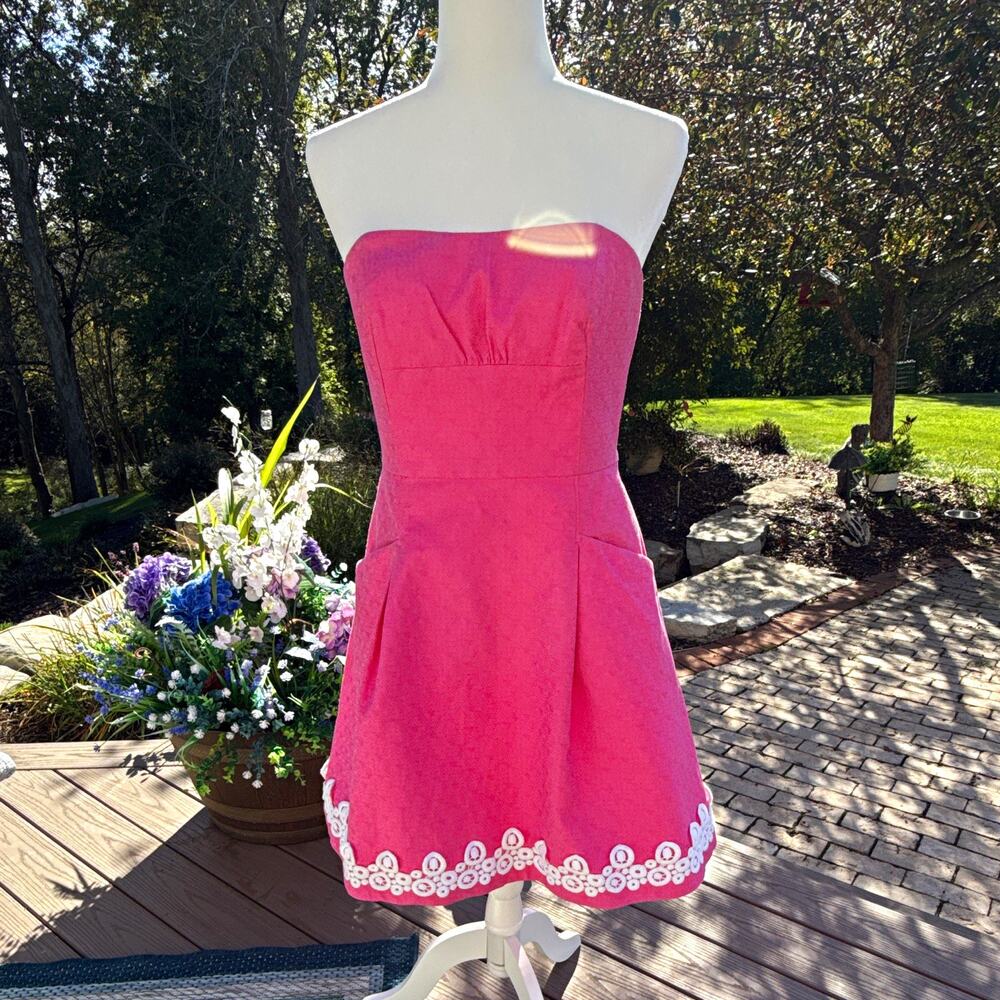 Lilly Pulitzer Pink Strapless Floral Jacquard Fit/Flare Knee Dress Size 8 (257)